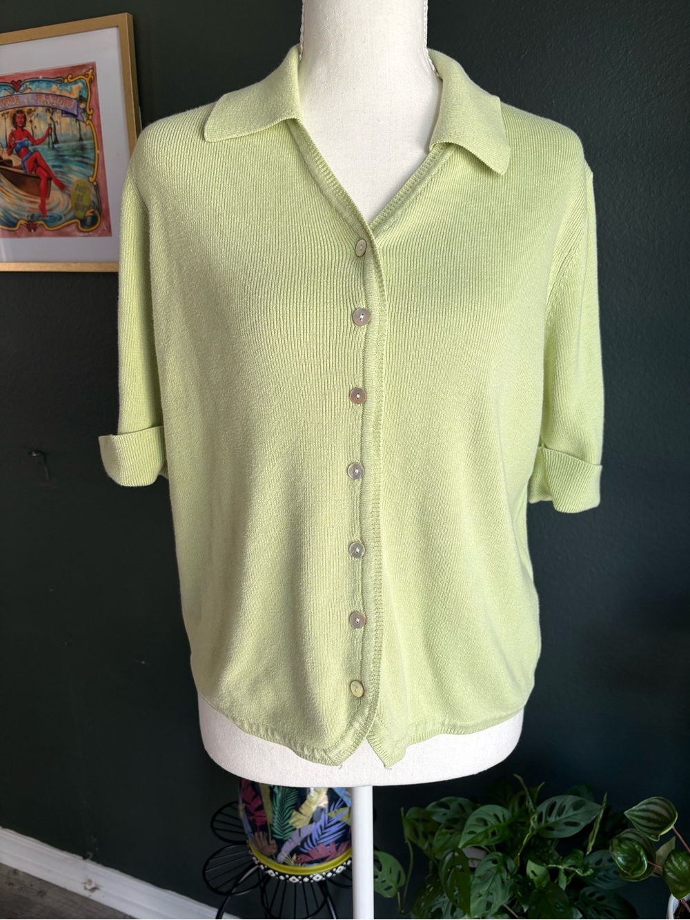 VTG 90s Laura Scott Lime Green Knit Button Front Collared Top Womens